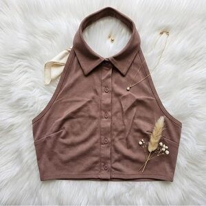 Cider Brown Collared Button-Front Crop Top
